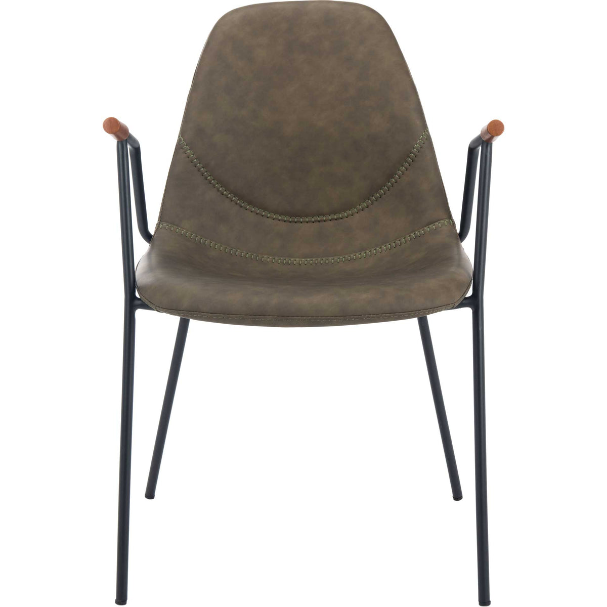 Sculpted olive faux leather seat features gently curved stitching between narrow black metal arms || DCH3001B-SET2 || front_studio