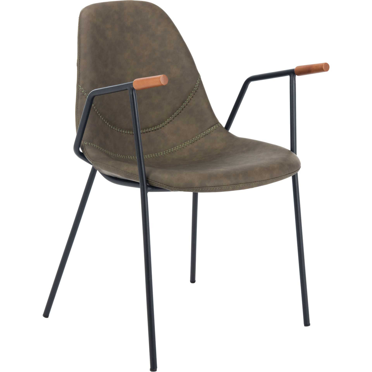 Olive faux leather, exposed stitching, and warm arm caps soften a slim black metal chair frame || DCH3001B-SET2 || front_angle_studio