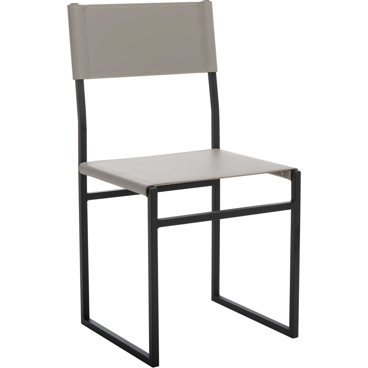A light gray regenerated leather seat and backrest soften the lines of a black iron sled frame. || DCH3003A-SET2 || front_angle_studio