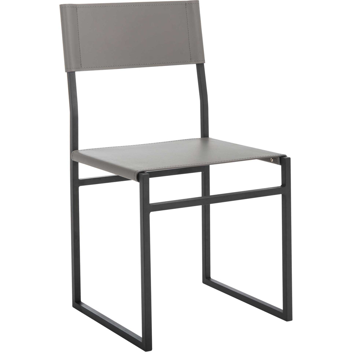 Gray regenerated leather on the slim seat and backrest contrasts with a squared black iron base. || DCH3003B-SET2 || front_angle_studio