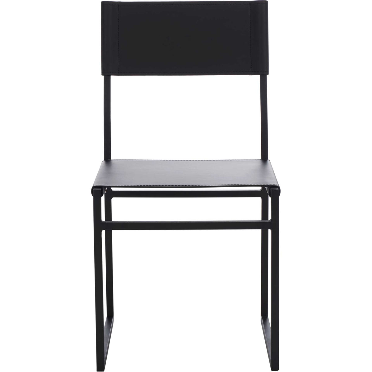 A black leather seat and wide stitched backrest rest on a minimal black iron base. || DCH3003C-SET2 || front_studio