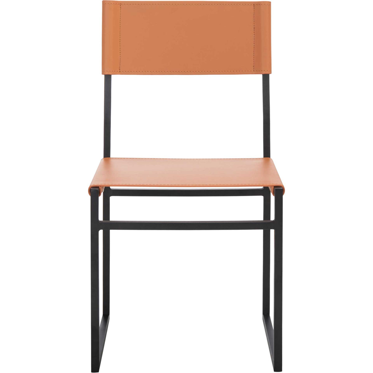 A cognac leather seat and stitched rectangular backrest sit on a streamlined black iron frame. || DCH3003D-SET2 || front_studio