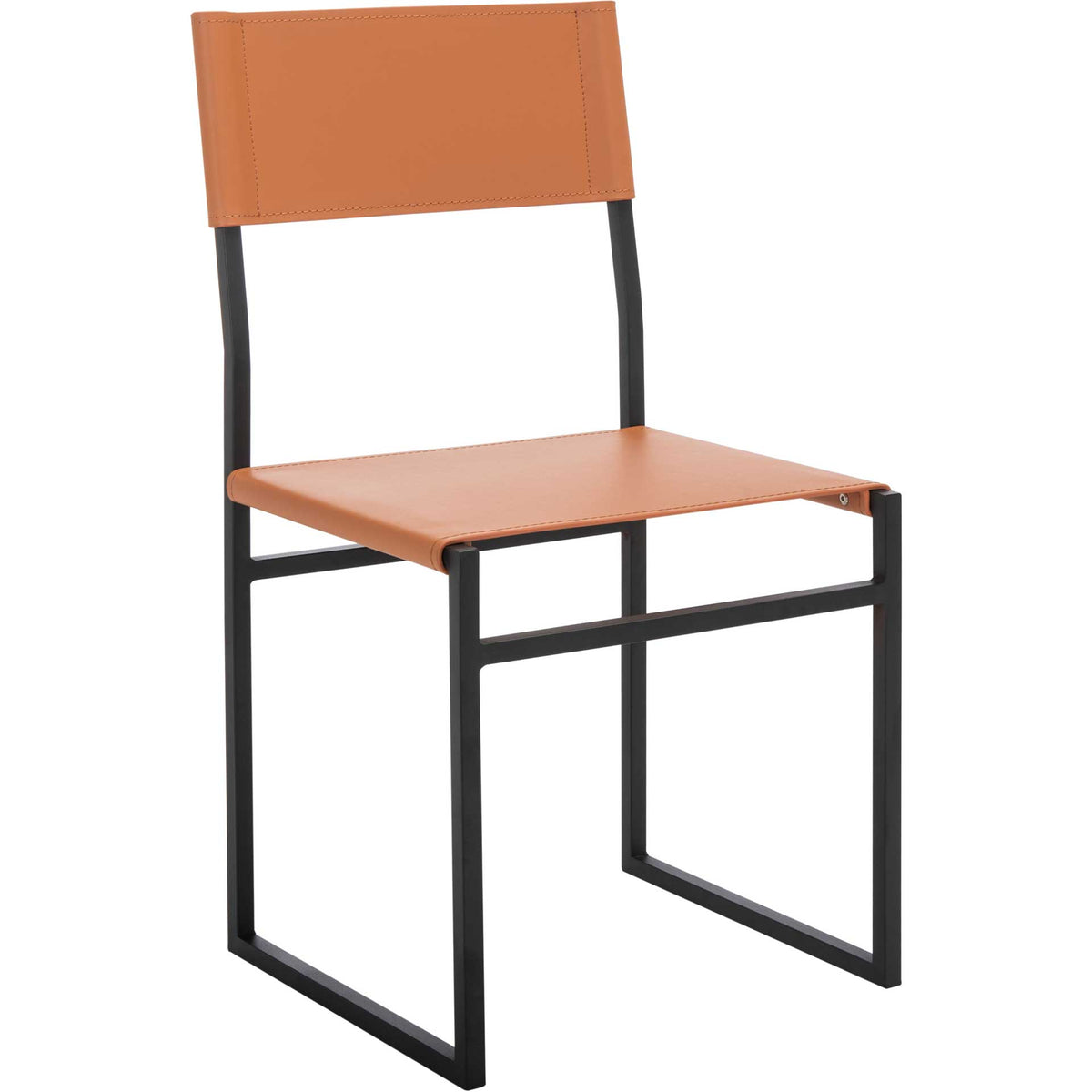 Warm cognac regenerated leather covers the seat and backrest above a slim black iron sled base. || DCH3003D-SET2 || front_angle_studio