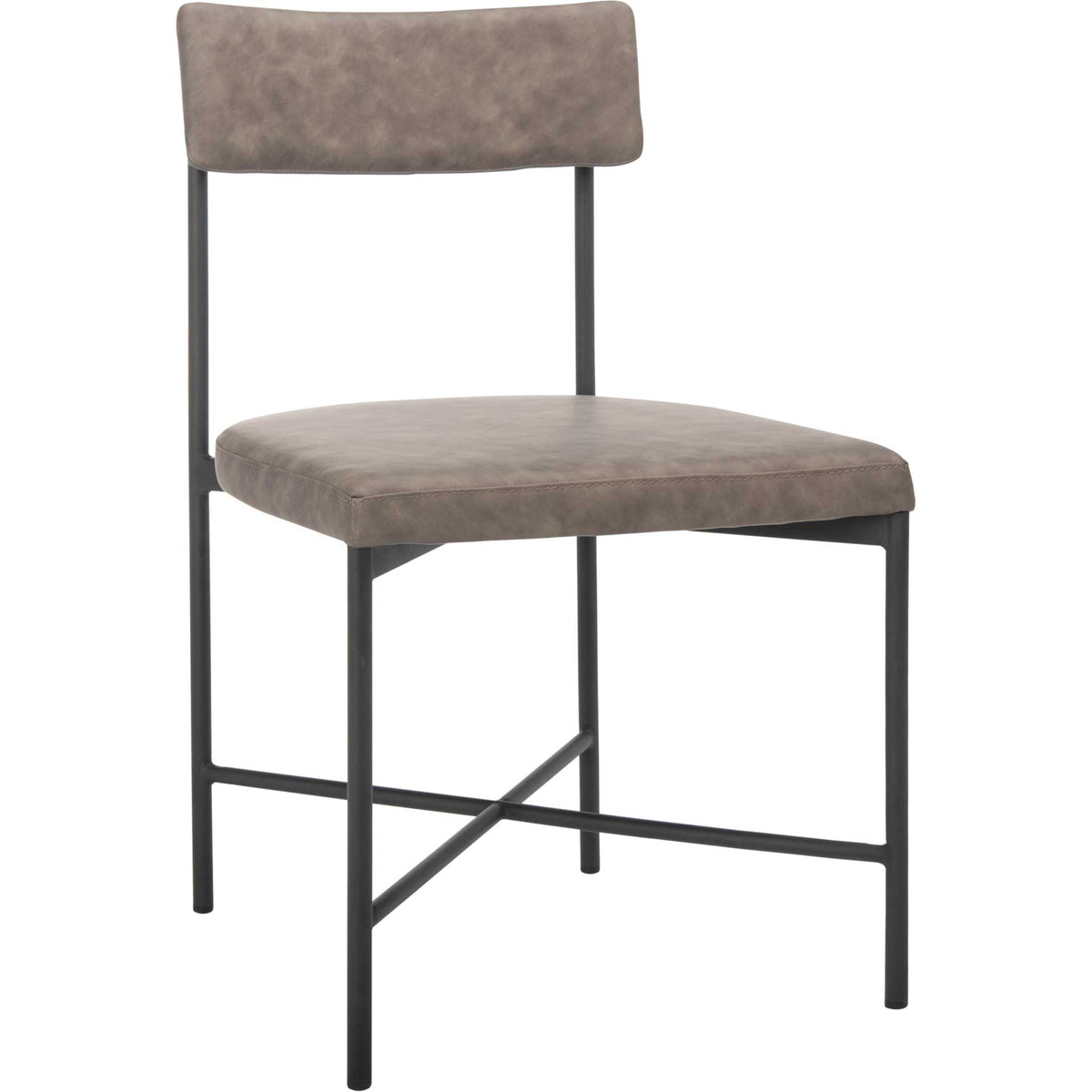 Gray padded cushions top a slender black iron dining chair with an open, cross-braced frame || DCH3004B-SET2 || front_angle_studio