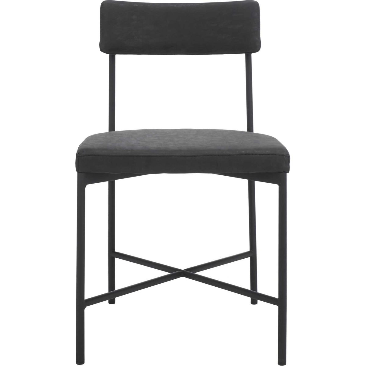 Black upholstery softens an open iron dining chair with a horizontal cushioned backrest || DCH3004C-SET2 || front_studio