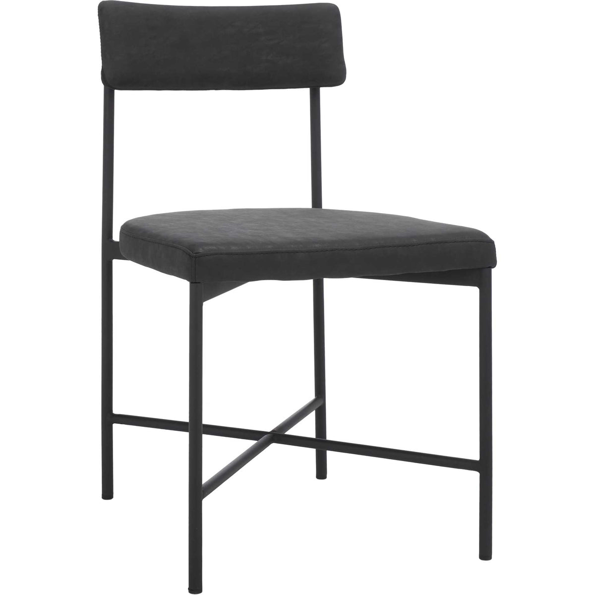 A padded black seat and slim backrest sit on an airy iron frame with cross bracing || DCH3004C-SET2 || front_angle_studio