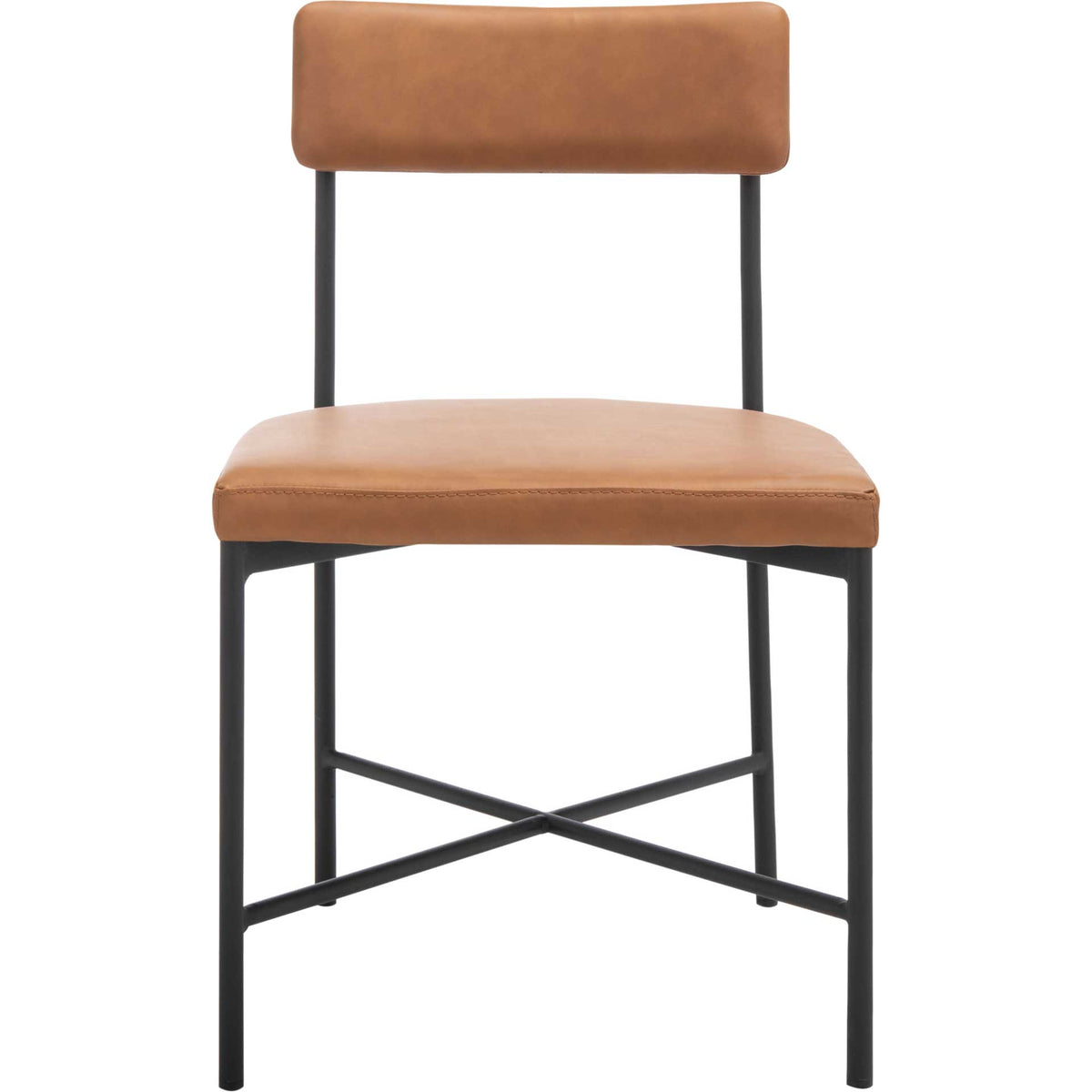 Cognac upholstery and a horizontal padded backrest soften this open-frame iron dining chair || DCH3004D-SET2 || front_studio