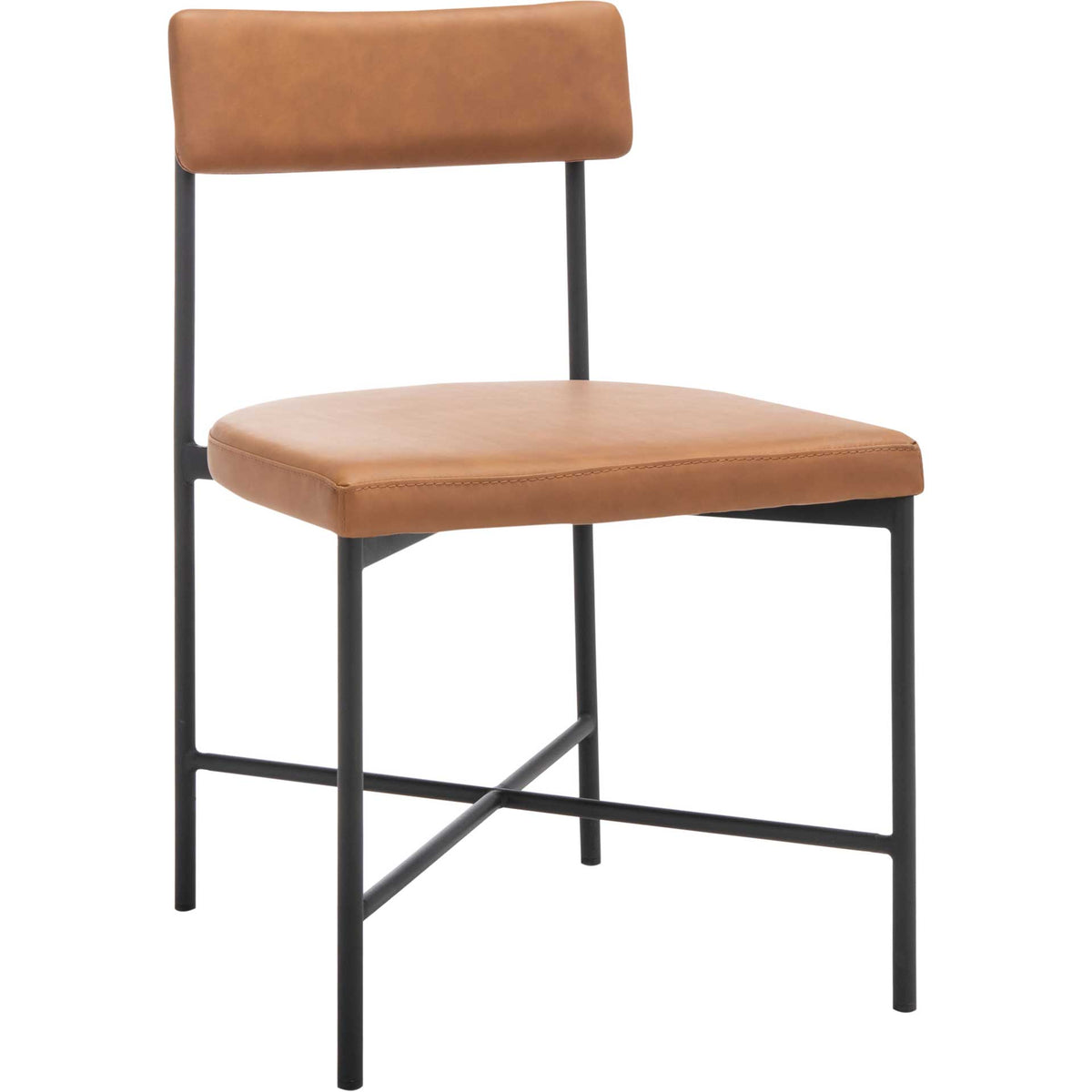 Cognac faux leather cushions add warmth to a slim black iron chair with cross bracing || DCH3004D-SET2 || front_angle_studio