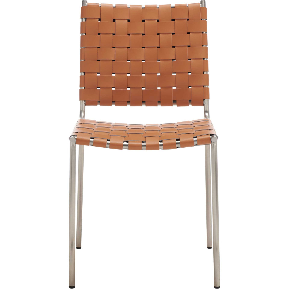 A cognac basket-woven leather seat and back rest on sleek silver metal legs || DCH3005A-SET2 || front_studio