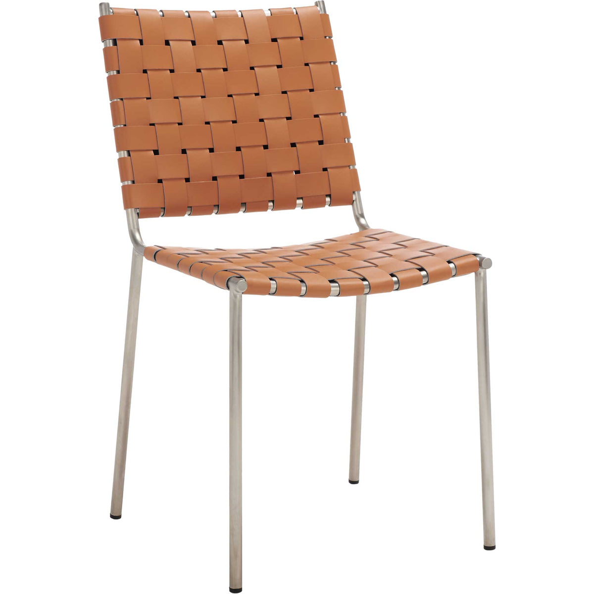 Warm cognac leather weaving softens the slender silver metal frame of this armless dining chair || DCH3005A-SET2 || front_angle_studio