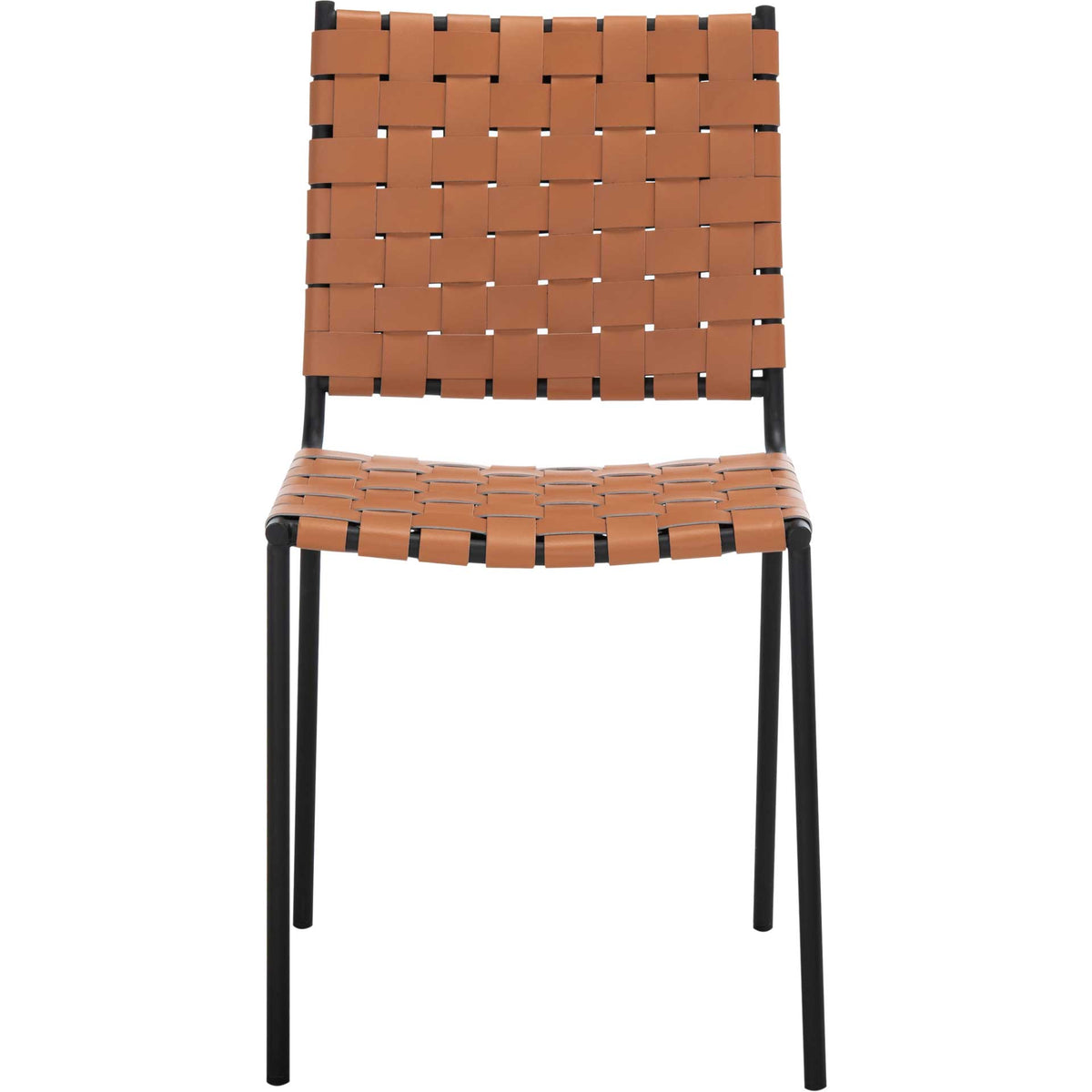 A warm cognac woven leather seat and back contrast with simple black metal legs || DCH3005B-SET2 || front_studio