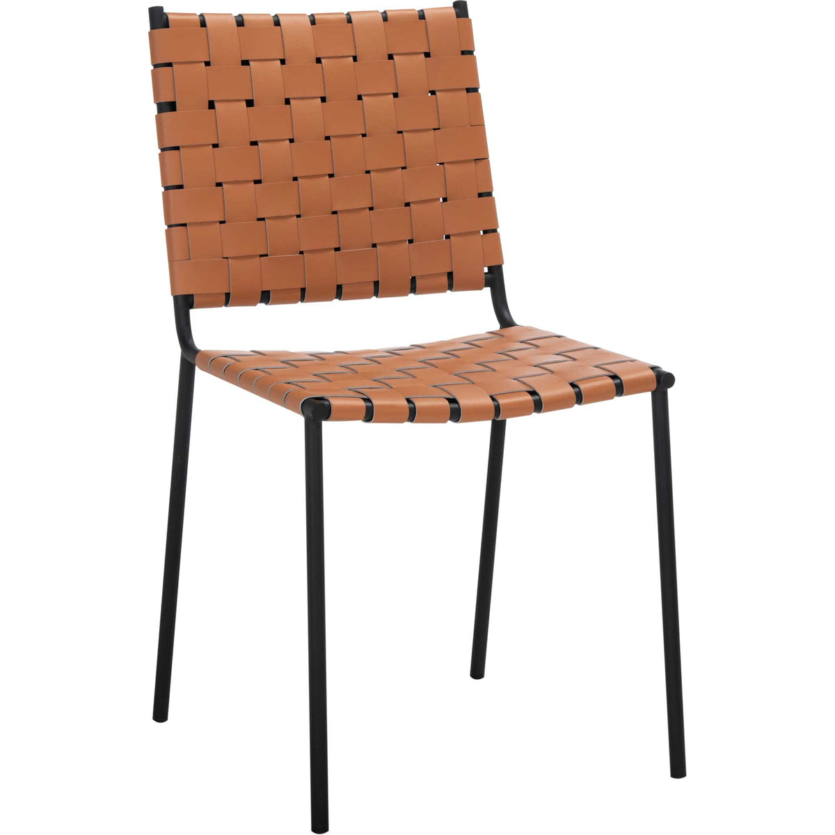 Cognac leather strips weave across the seat and back of a slim black metal dining chair || DCH3005B-SET2 || front_angle_studio