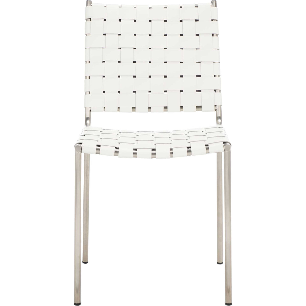 White basket-woven leather forms the seat and back of a streamlined silver metal dining chair || DCH3005C-SET2 || front_studio