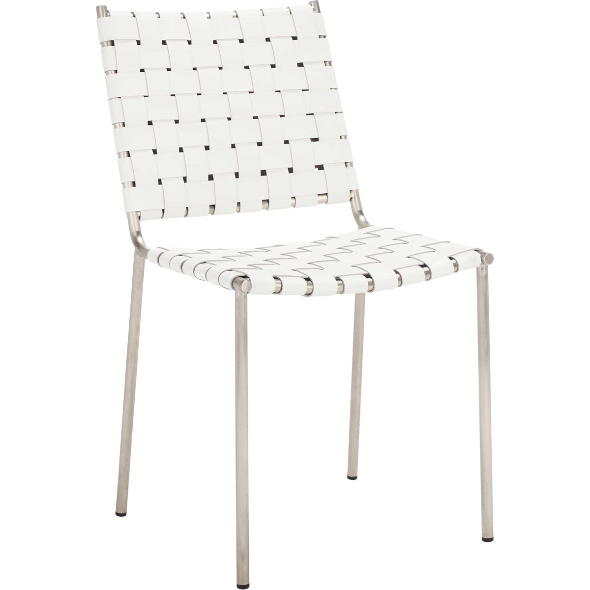 Interlaced white leather across the seat and back balances a lean silver metal frame || DCH3005C-SET2 || front_angle_studio