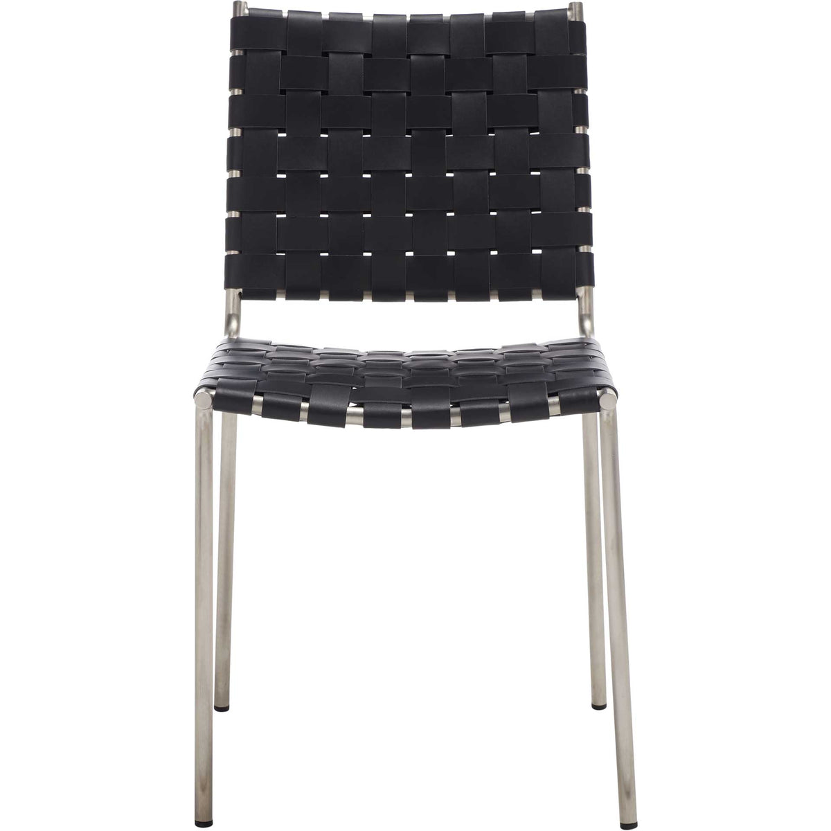 A black basket-woven leather seat and back contrast with slender silver metal legs || DCH3005E-SET2 || front_studio