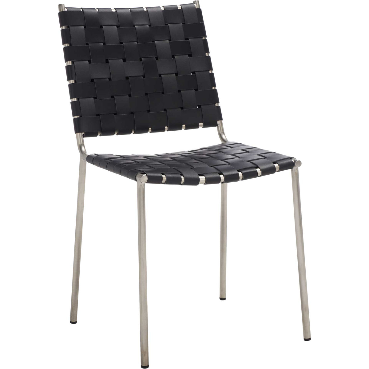 Interlaced black leather and slim silver metal legs give this armless chair a light, modern profile || DCH3005E-SET2 || front_angle_studio