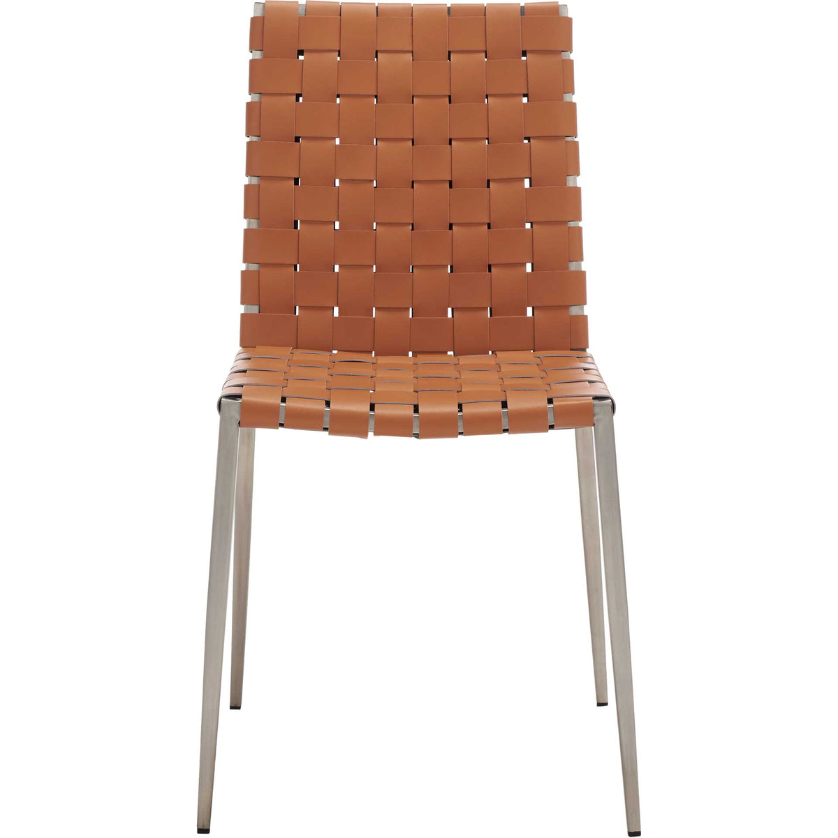 Warm cognac woven bands create a textured seat and upright back over slim silver metal legs. || DCH3006A-SET2 || front_studio