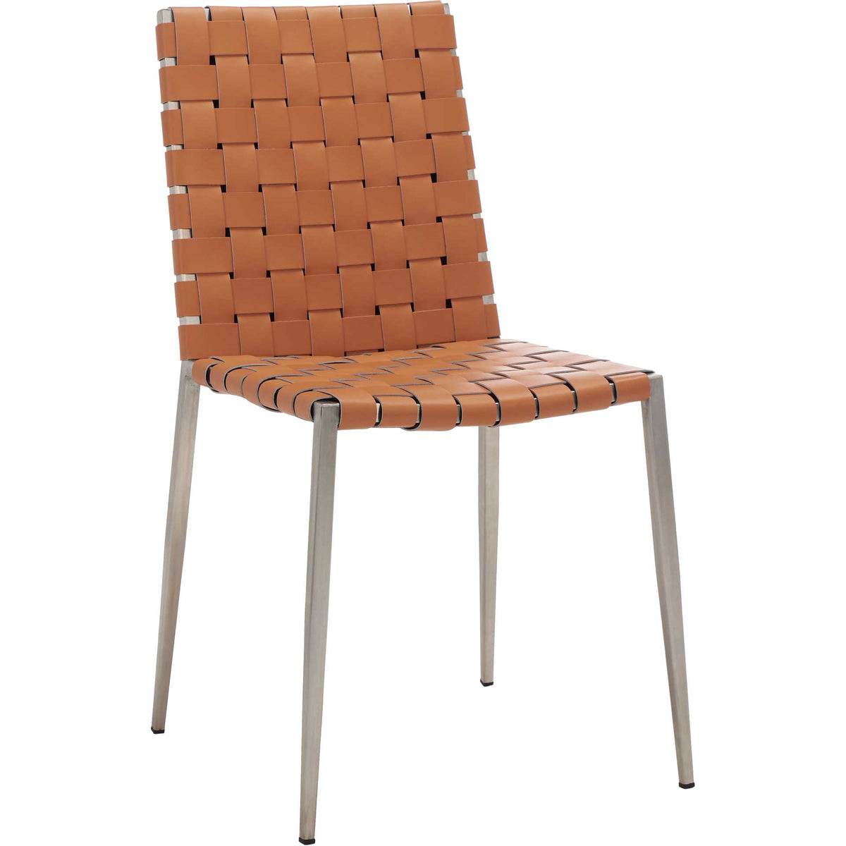 Cognac woven straps bring warmth to a streamlined, armless chair with slender silver legs. || DCH3006A-SET2 || front_angle_studio