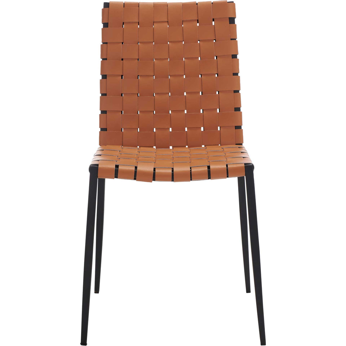 Cognac basket-weave bands define the seat and back, supported by tapered black metal legs. || DCH3006B-SET2 || front_studio