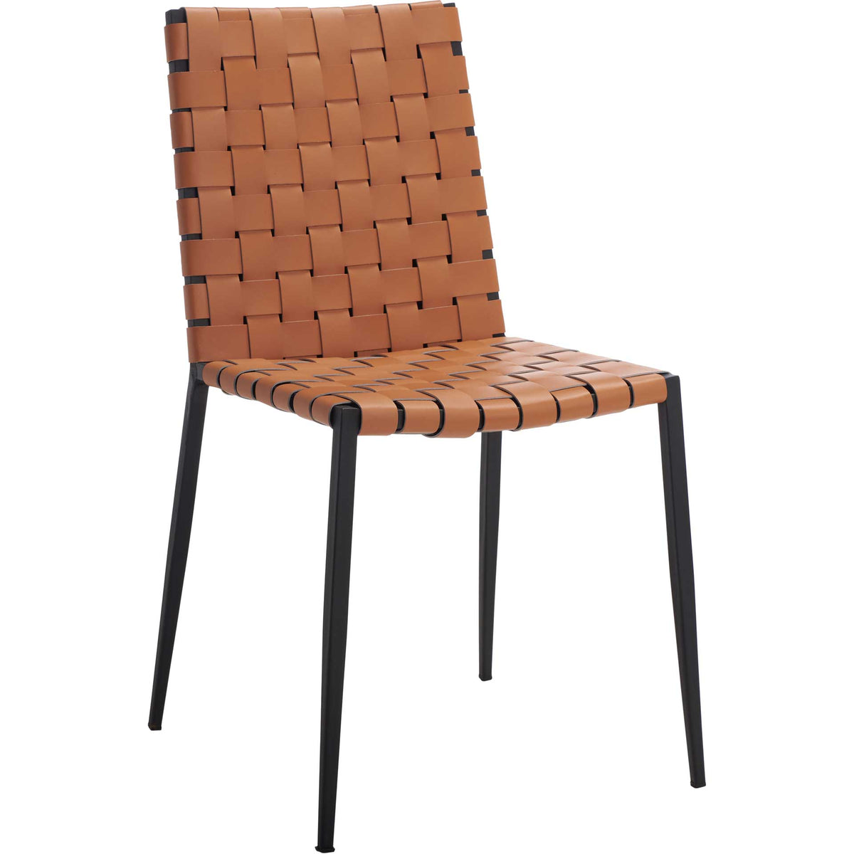 Warm cognac woven straps and slim black metal legs create a bold, airy dining chair. || DCH3006B-SET2 || front_angle_studio
