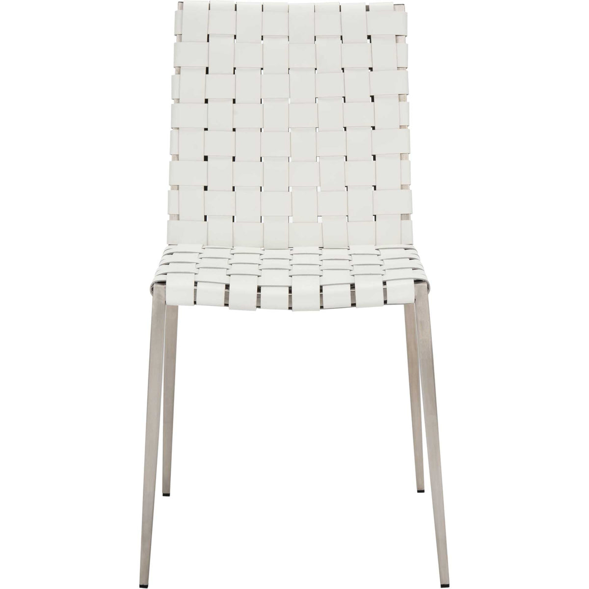 Crisp white interwoven bands cover the seat and tall back above sleek silver legs. || DCH3006C-SET2 || front_studio