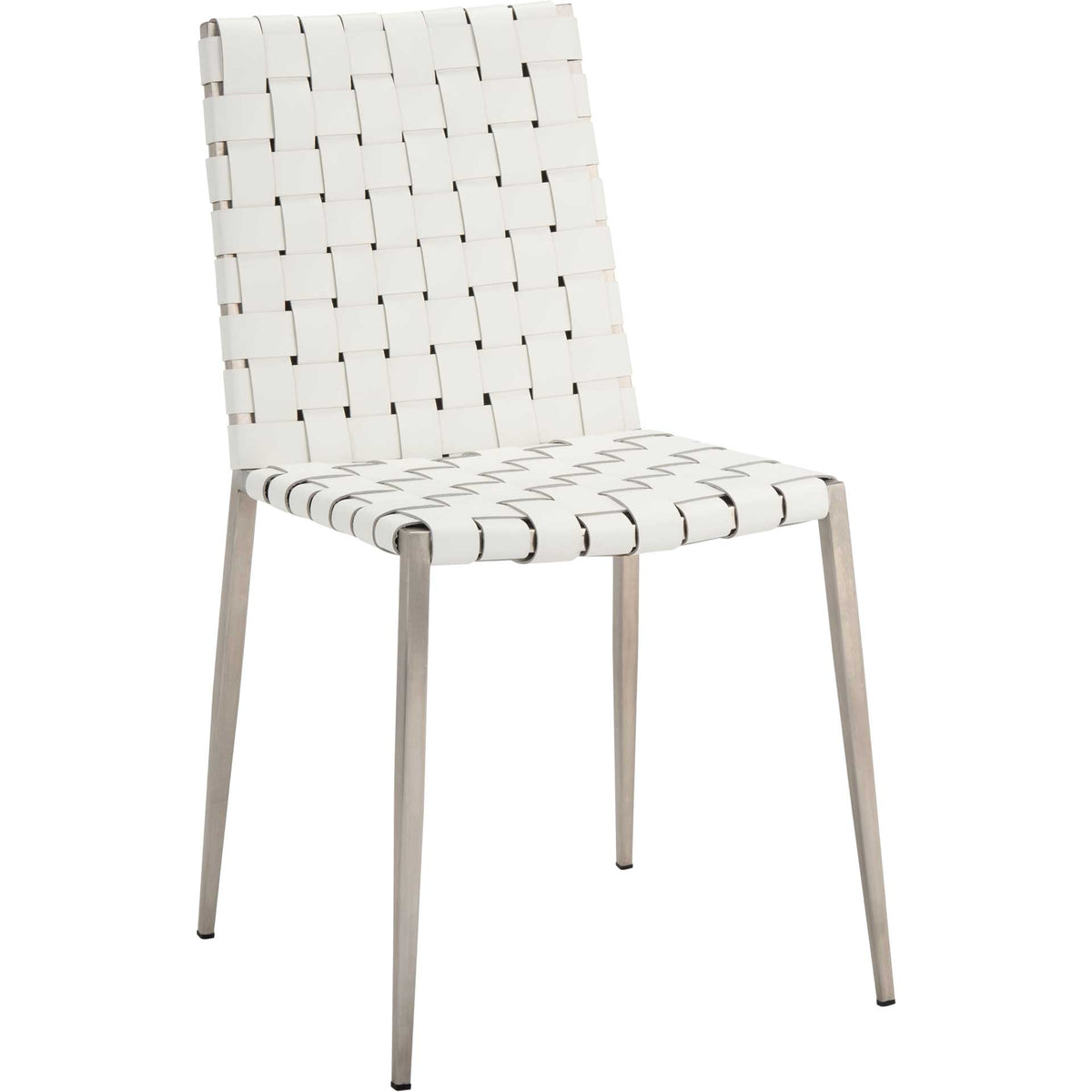 White basket-weave seating and silver metal legs give this armless chair a light, modern feel. || DCH3006C-SET2 || front_angle_studio