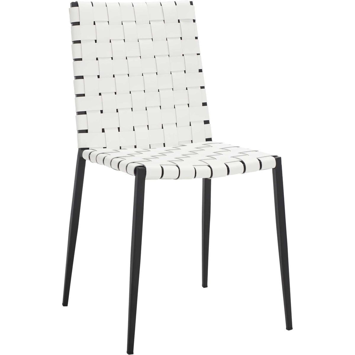 Bright white woven straps contrast with slender black metal legs on this armless dining chair. || DCH3006D-SET2 || front_angle_studio