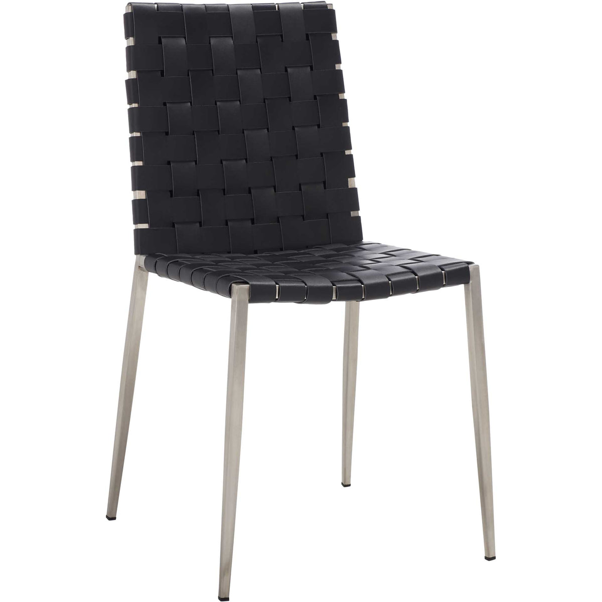 Black basket-weave seating contrasts with slender silver metal legs for a fresh, modern look. || DCH3006E-SET2 || front_angle_studio