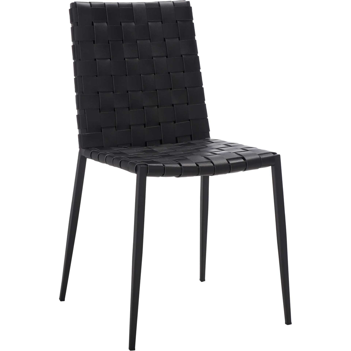 Black basket-weave straps form a streamlined seat and high back above slender black metal legs. || DCH3006F-SET2 || front_angle_studio