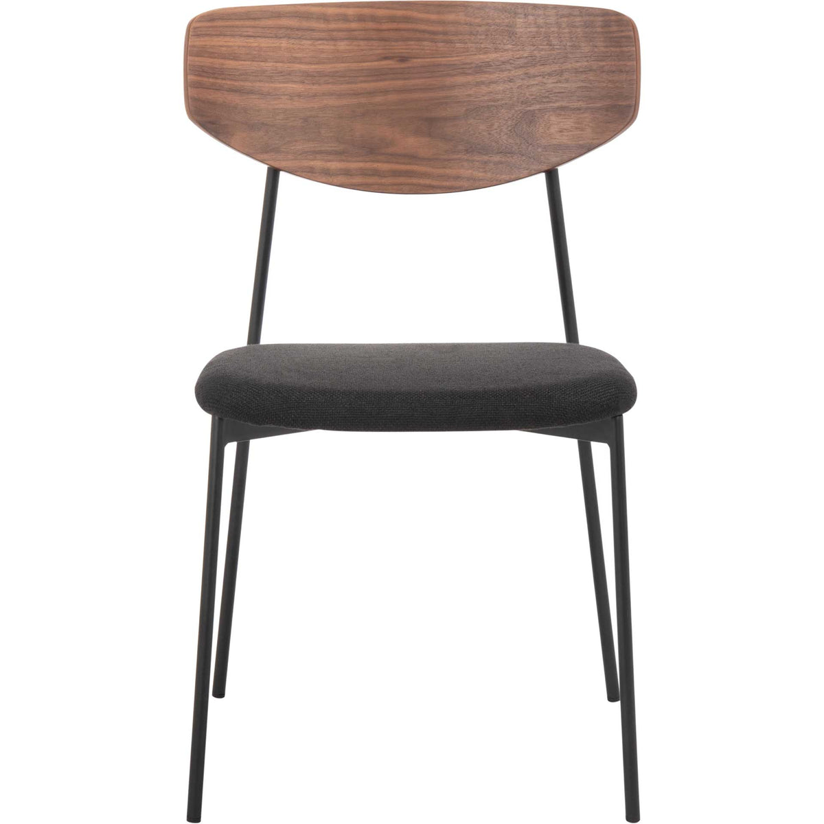 A rounded walnut-tone back rises above a cushioned black seat on a fine-lined iron frame. || DCH3007A-SET2 || front_studio