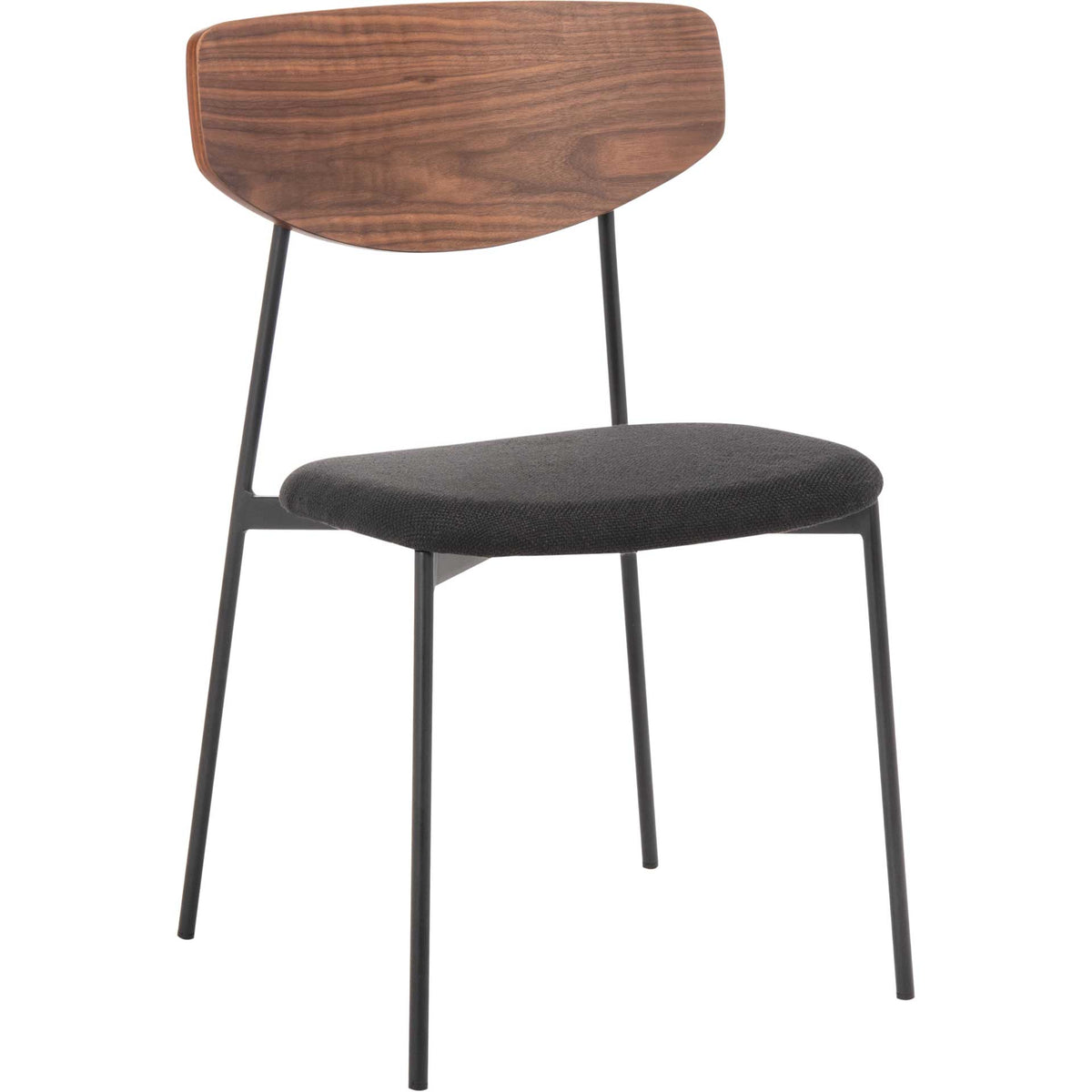Walnut-finished wood grain warms the curved back above a plush black seat and slender iron legs. || DCH3007A-SET2 || front_angle_studio