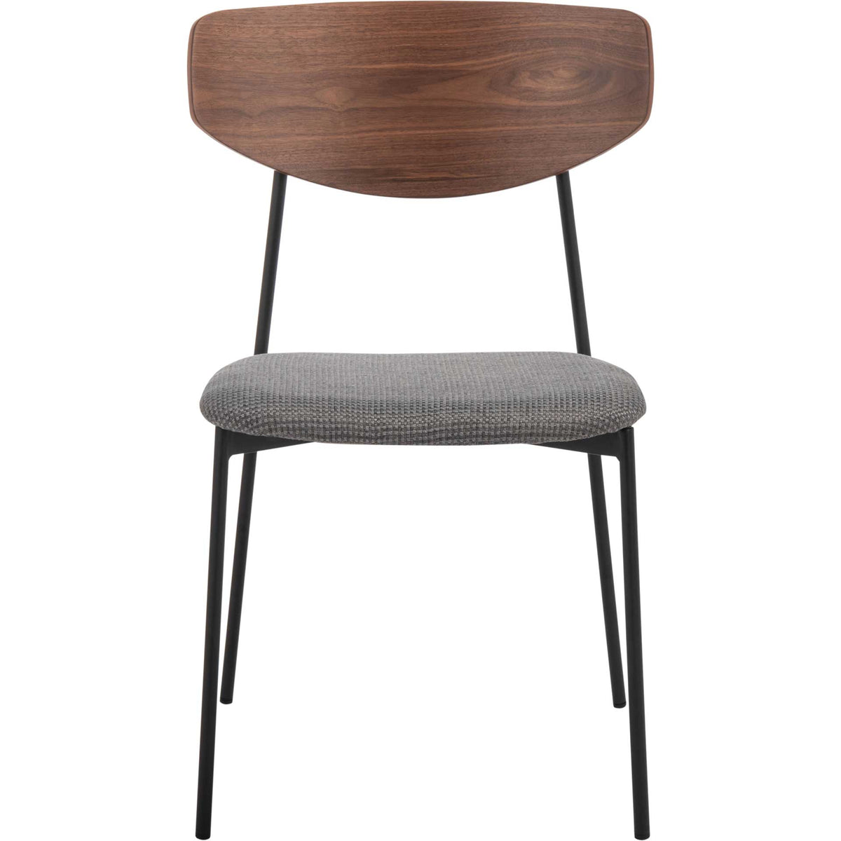 A broad curved walnut-finished back rises above a gray upholstered seat and sleek black iron legs. || DCH3007B-SET2 || front_studio