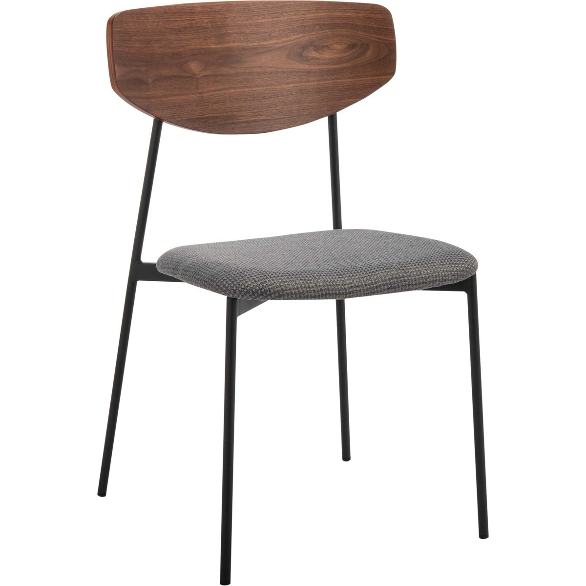 A walnut-finished back and textured gray seat add warmth and softness to the slim black iron frame. || DCH3007B-SET2 || front_angle_studio