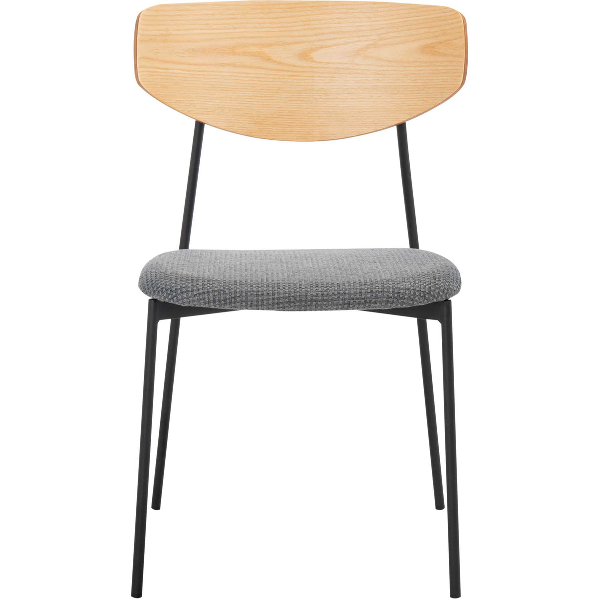 A curved oak-finished back and plush gray seat soften this slim black iron dining chair. || DCH3007D-SET2 || front_studio