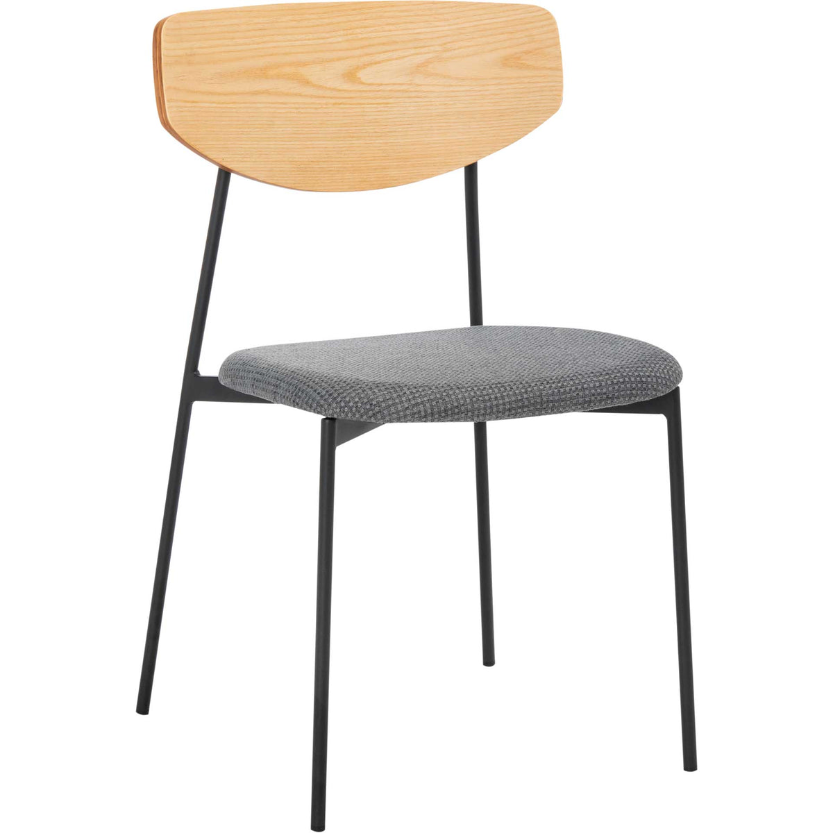 Slim black iron legs and a padded gray seat complement a curved oak-finished back. || DCH3007D-SET2 || front_angle_studio