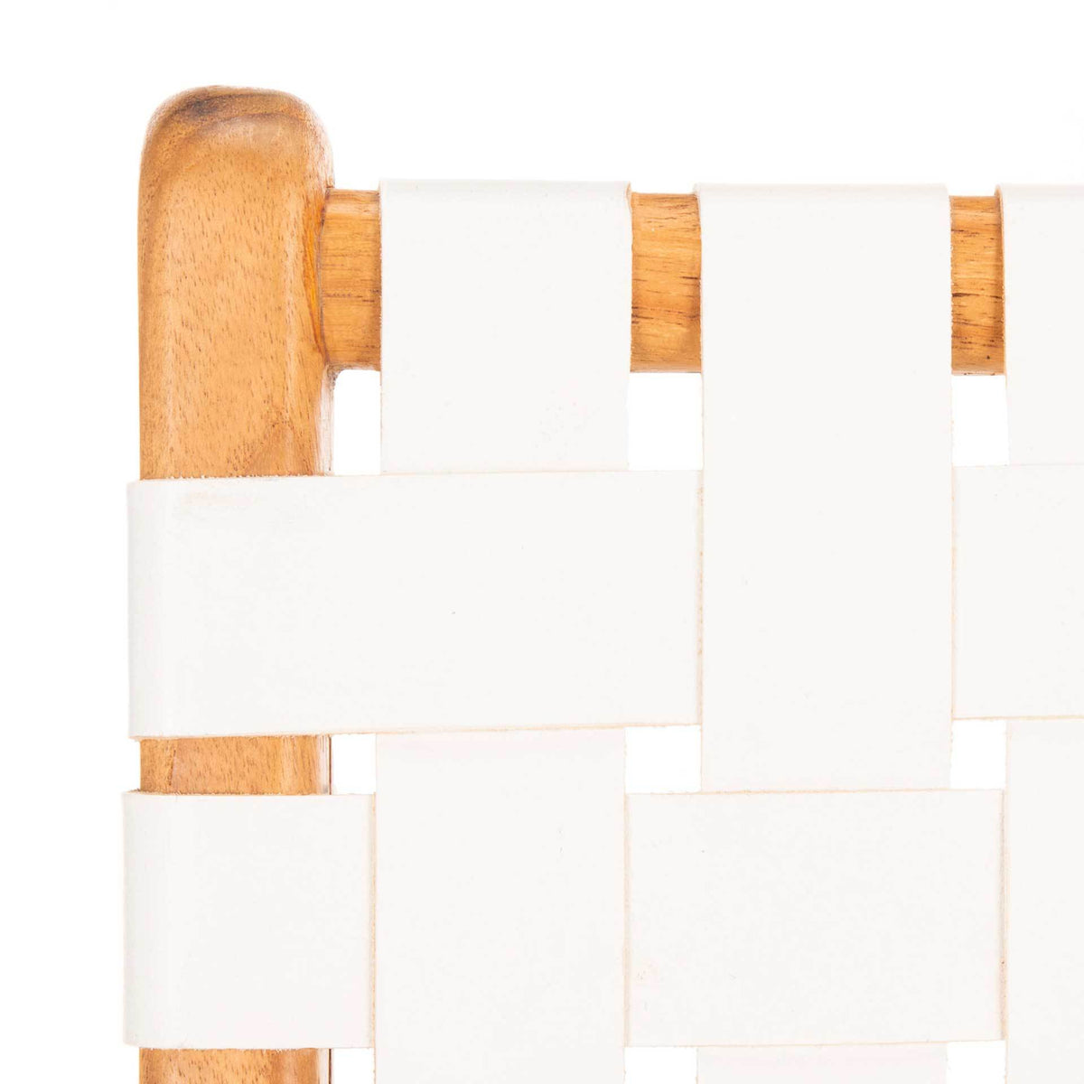 Smooth white leather strips wrap a honey-toned wood backrest