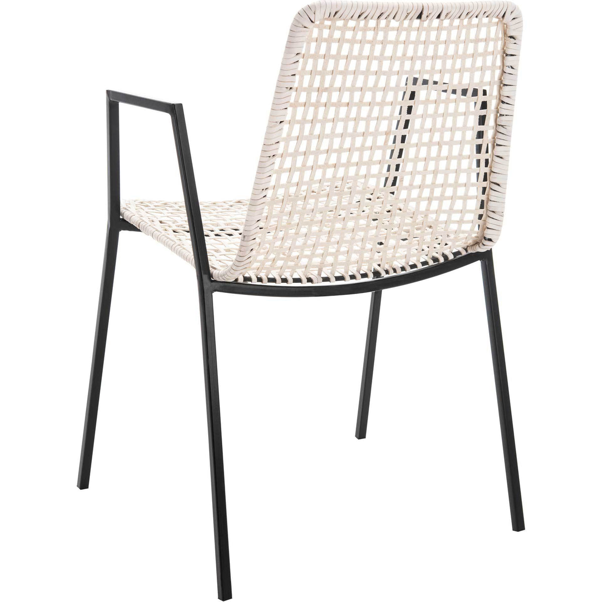 White woven leather covers the gently curved back, with angular black arms and slender legs