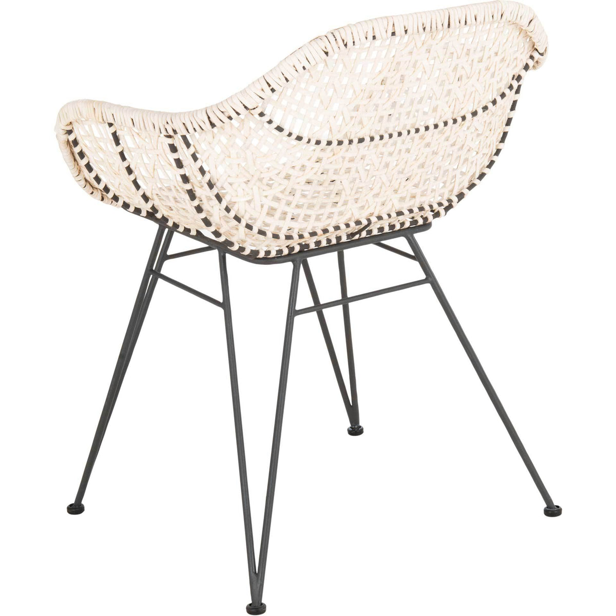 A sweeping woven leather back curves into armrests above a geometric dark gray metal frame