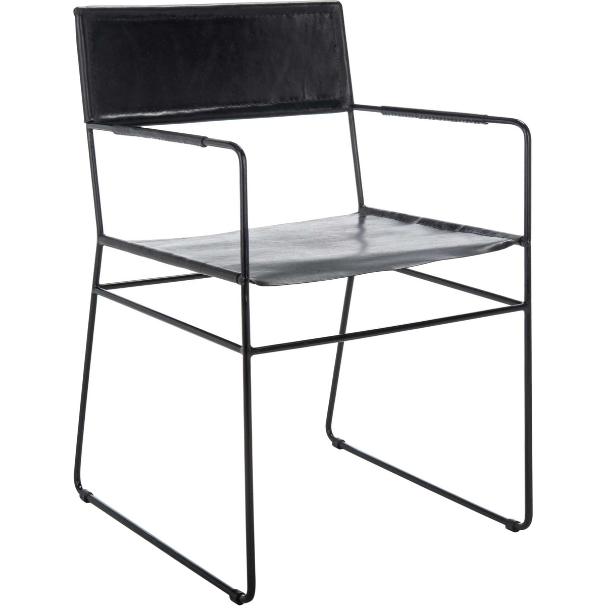 Black leather seating and a streamlined iron frame create a sculptural, open silhouette. || DCH4003A-SET2 || front_angle_studio