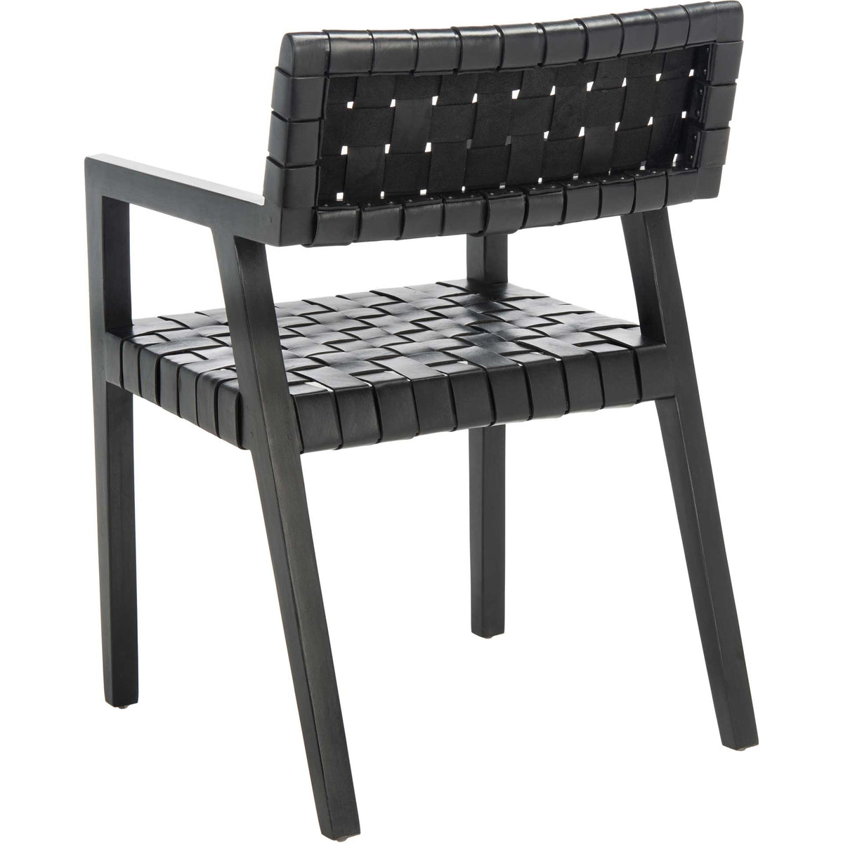 An open black mahogany frame surrounds interlaced leather seating and a gently tilted backrest.
