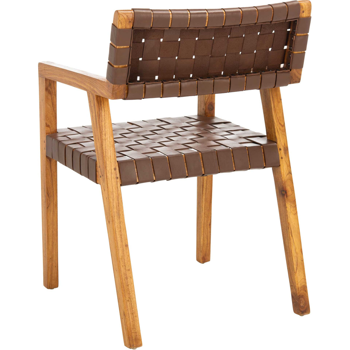 Woven cognac leather contrasts with a warm wood frame and splayed rear legs.