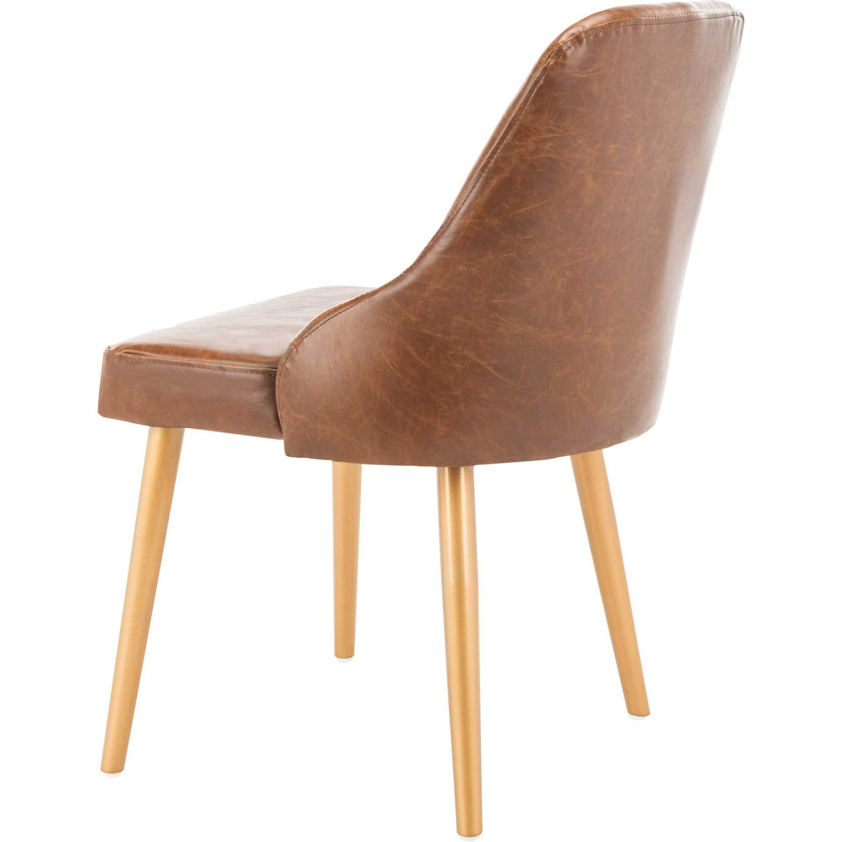 Warm brown faux leather wraps the sculpted back, with a cushioned seat and gold-tone legs.