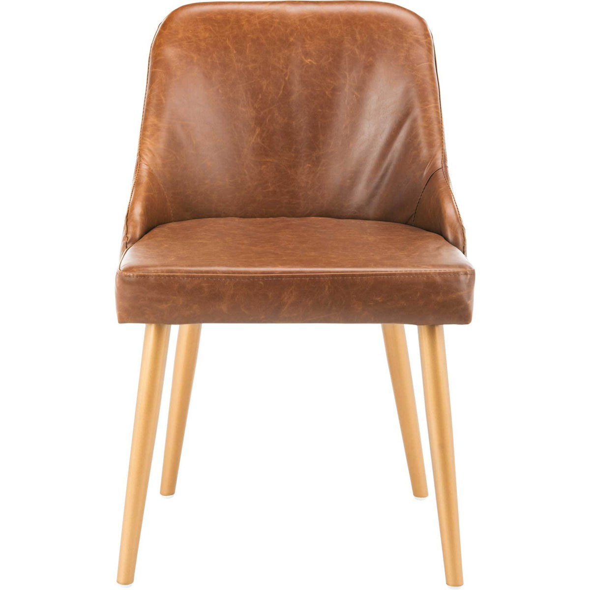 A cushioned light brown faux leather seat sits within a curved back above slender gold-tone legs. || DCH6200C-SET2 || front_studio