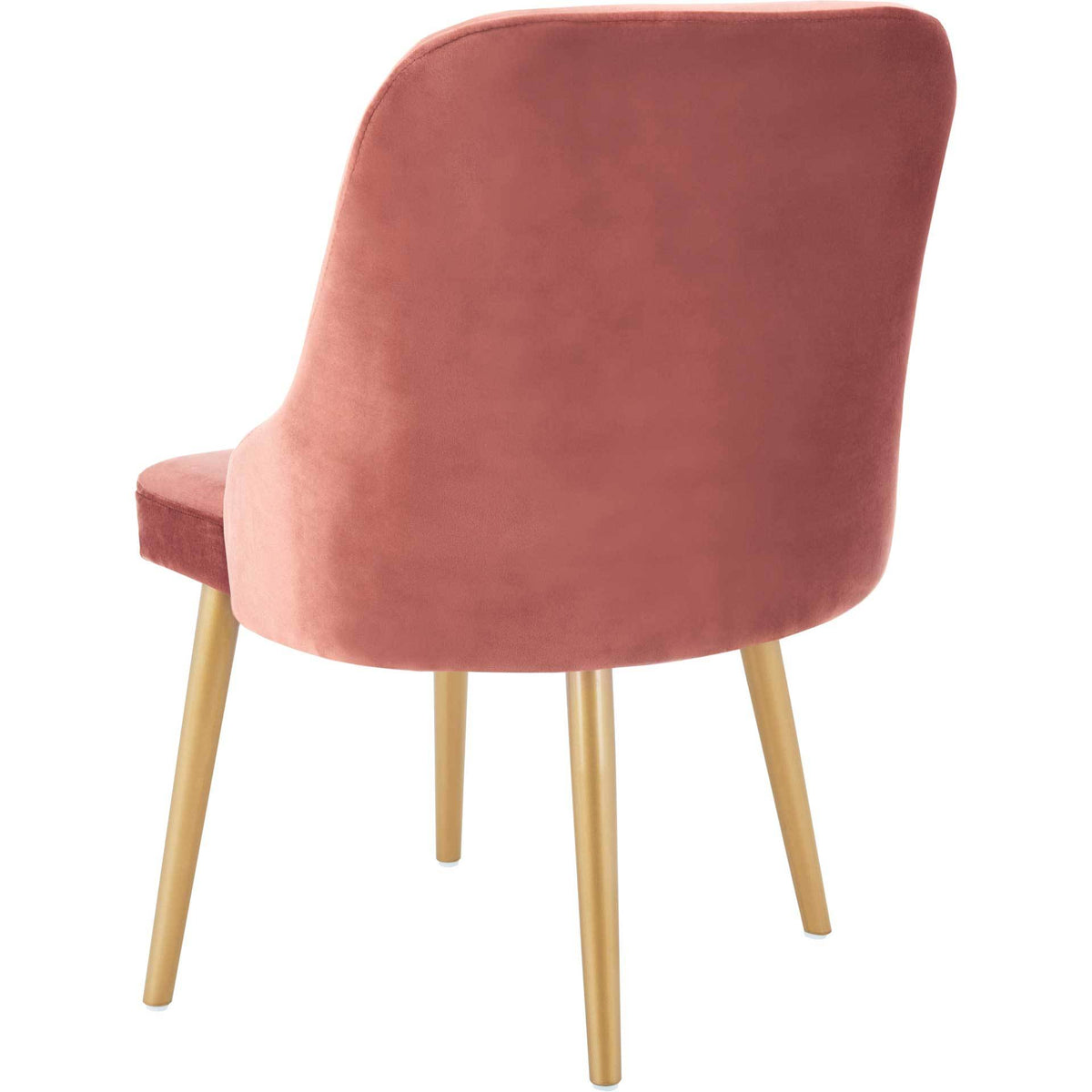 Dusty rose velvet covers the curved outer back, balanced by slim gold-tone legs.
