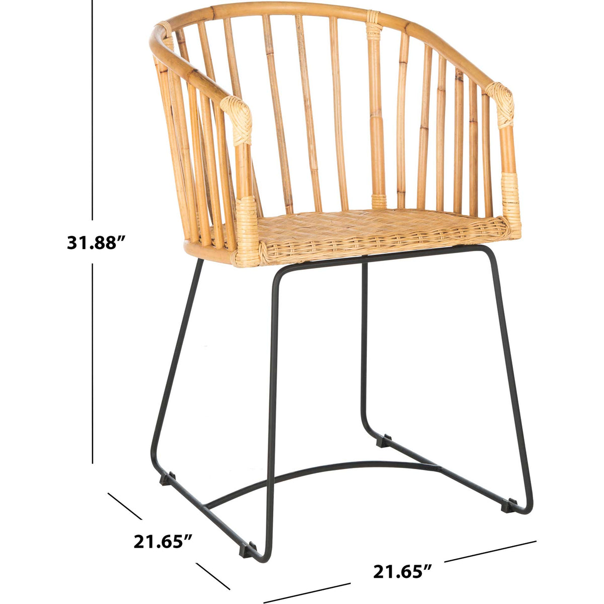 Compact rattan chair measures 21.65 inches wide and deep and 31.88 inches tall