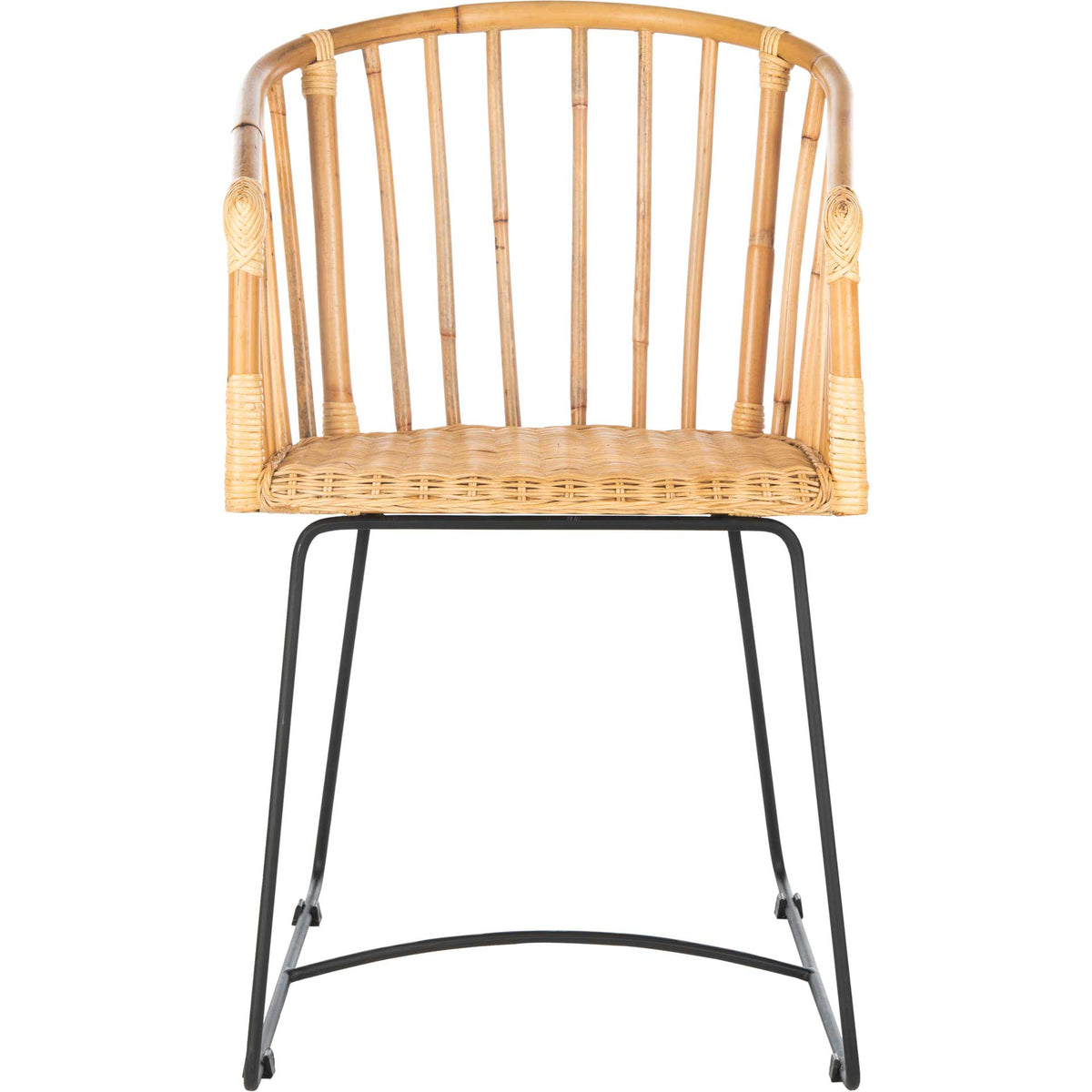 Natural rattan chair pairs a barrel-shaped spindle back with a woven seat and black metal legs || DCH6501A || front_studio
