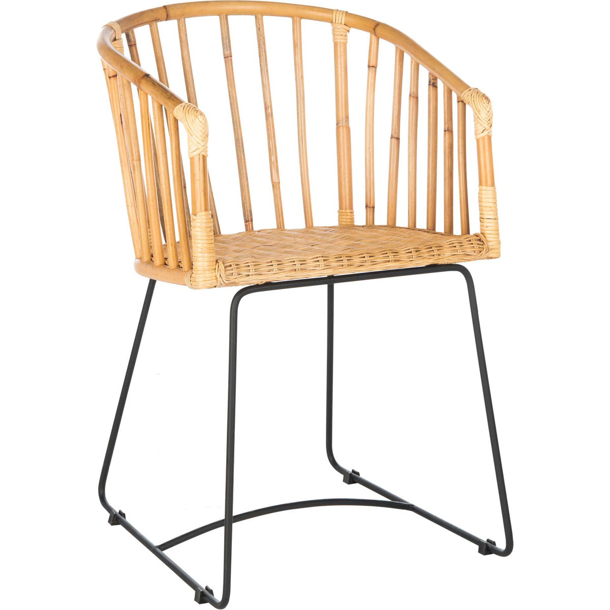 Curved natural rattan back and woven seat contrast with slender black metal legs || DCH6501A || front_angle_studio