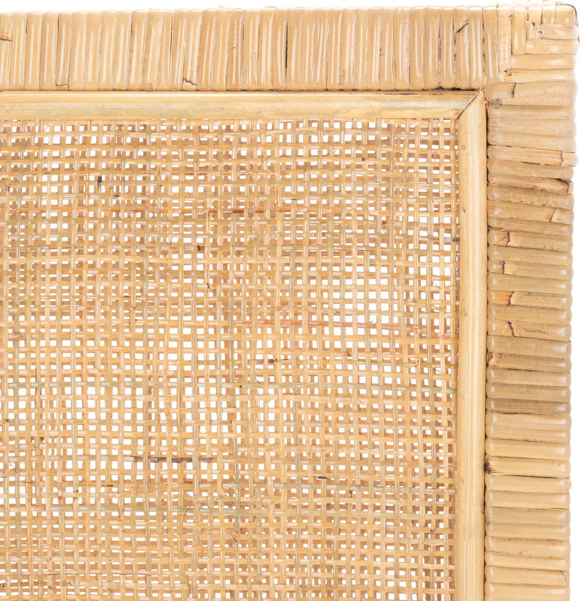 Intricate cane weaving meets a neatly wrapped rattan frame for rich natural texture