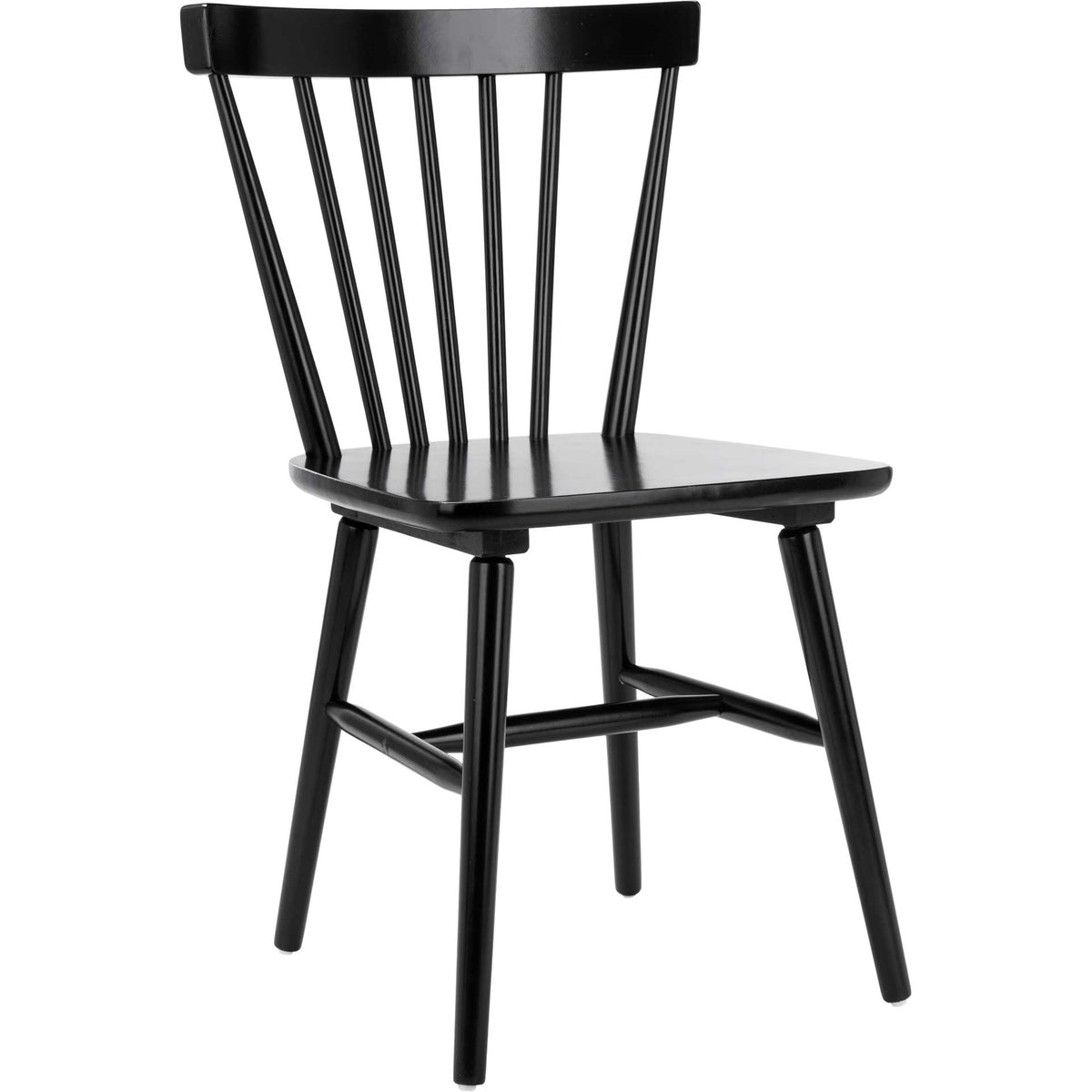 Black rubberwood dining chair with a curved spindle back, broad seat, and splayed legs || DCH8500A-SET2 || front_angle_studio