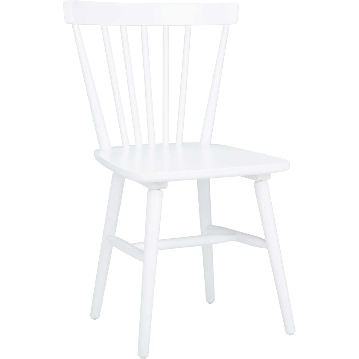 White rubberwood dining chair features a curved spindle back, smooth seat, and tapered legs || DCH8500B-SET2 || front_angle_studio